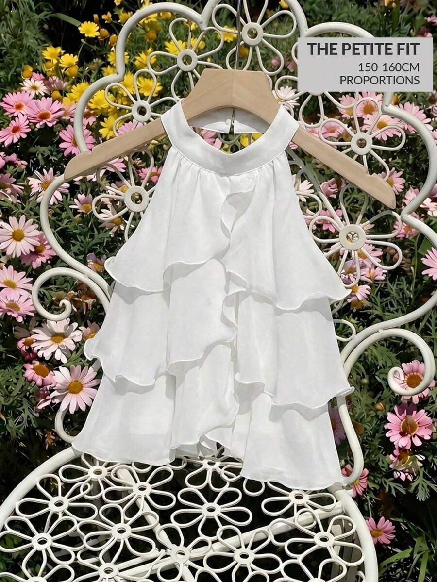 SHEIN MOD Petite 白色多层荷叶边露脐上衣,可爱上衣,抹胸上衣,优雅版型,露背上衣,新年上衣,派对上衣,露肩上衣,女士休闲前扣宽肩带简约衬衫,适合日常穿着,复古服饰,女装,情人节穿搭 - 白色 - 查看 1