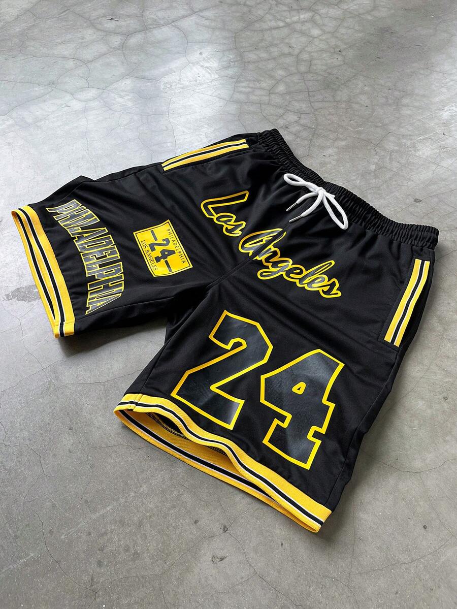 PAVTROS Plus Size Men's Loose Letter & Striped Print Basketball Shorts Football - Black - View 1