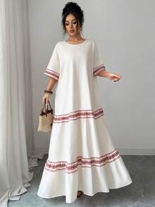 Al Najma Women's Loose Short Sleeve Long Arabic Style Dress - Apricot - View 5