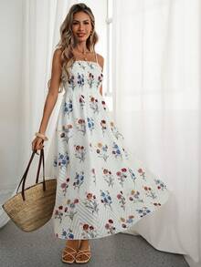 SHEIN ChicEase Summer Women Floral Print Sling Dress (Asymmetrical Hem) Women's Summer Dresses Pretty Dress For Women Long Casual Dresses For Woman Good Quality Dresses Women's Summer Dresses Women Sun Dress Women Sundresses Women Holiday Dress - White - View 6