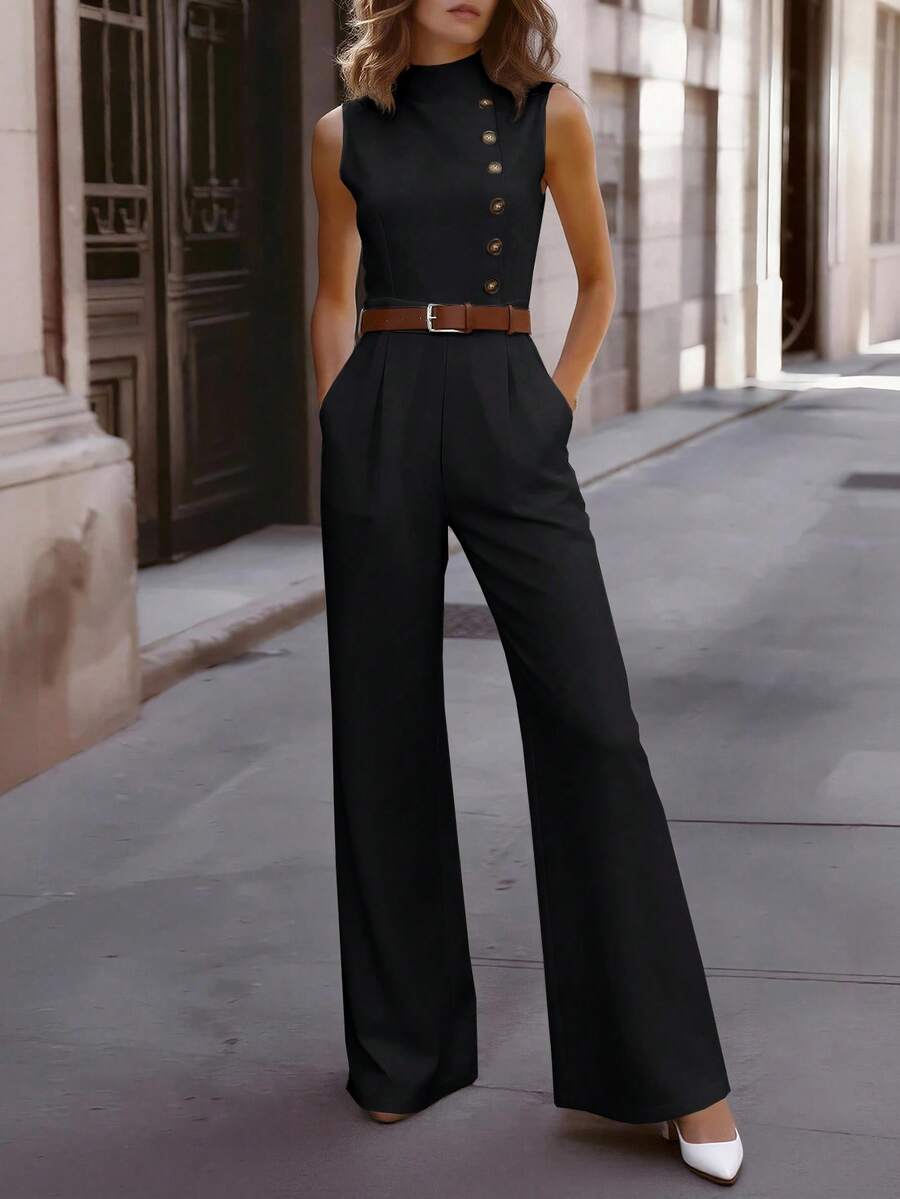 EMERY ROSE Women's Elegant Solid Color Stand Collar Sleeveless Jumpsuit - Black - View 1