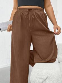 SHEIN Essnce Plus Size Women's Spring/Summer Fashionable Casual Loose Comfortable Everyday Basic Versatile Textured Fabric Elastic Waist Wide-Leg Pants, Multiple Colors 3 Pack, Women Bottom, Spring Women, Simple Style - Multicolor - View 8