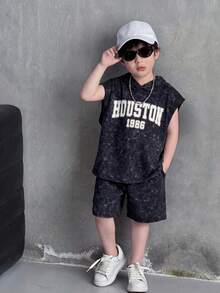 SHEIN Little Byeori 两件套儿童男童休闲撞色圆领字母印花T恤短裤套装，两件套幼儿男童浅灰色卫衣短裤套装，两件套婴儿男童背心短裤套装，基础款上衣和裤子，Y2K风格套装，适合春夏、外出、情人节、约会、旅行、度假、家庭聚会、返校、婚礼、晚宴、运动、生日派对等场合。 - 灰色 - 查看 5