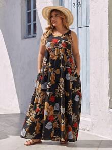 SHEIN VCAY Vestido Longo Floral Sem Mangas Plus Size, Adequado para Praia e Férias de Verão - Preto - Visão 6