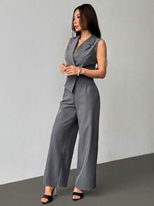 SHEIN PETITE Two Pieces Fall Outfits 2pcs/Set Women Solid Color Sleeveless Top And Pant Fall Clothes - Grey - View 3