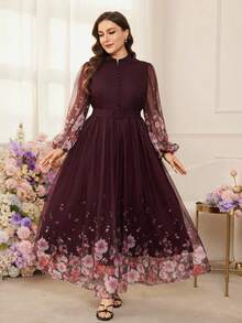 Modelyn Đầm maxi dáng chữ A lãng mạn, thanh lịch, dài tay, in họa tiết hoa và phối lưới cho nữ cỡ lớn, thích hợp cho kỳ nghỉ. - Nhiều màu - Xem 4