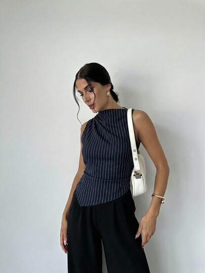 Firerie 女士优雅简约通勤办公套装，藏蓝色条纹无袖褶皱领衬衫