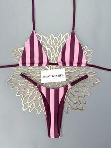 SHEIN Swim Mod 2026春夏吊带棕色和蓝色圆点侧边高腰系带女士比基尼泳衣两件套 - 彩色 - 查看 3