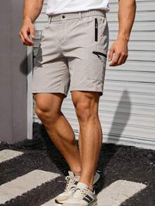 Gym Rark Beige Plain Men's Bermuda Sports Shorts With Zipper Pockets And Woven Fabric - Beige - View 3