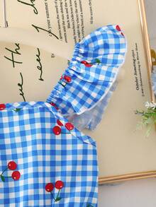 SHEIN Elladie kids 小女孩甜美可爱沙滩度假夏季短袖蝴蝶结装饰连衣裙，适合日常和假日穿着 - 藍色 - 查看 3