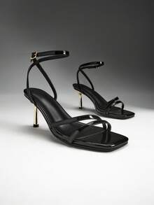 SHUZIA 精美女士黑色漆皮方头性感高跟踝扣带舞蹈节日派对春夏凉鞋 - 黑色 - 查看 6