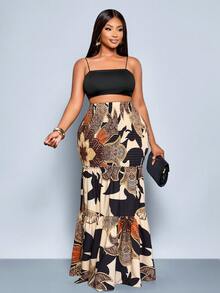 SOLERSUN Váy cỡ lớn mùa xuân hè mới, chất liệu co giãn cao, xếp ly, viền bèo nhún, in hoa, thích hợp đi làm, đi ăn tối và dự tiệc cocktail, thời trang nữ. - màu nâu - Xem 3