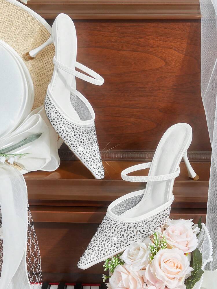 CUCCOO HITCHD Women Shoes Spring And Summer New Mesh Asymmetrical Rhinestones Full Diamond Decoration Small Square Toe Thin Heel High Heel Wedding Season Romantic Elegance White Dress Shoes Valentine's Day Wear High Heel Sandals
