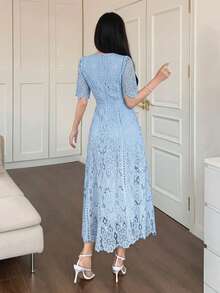 Dazy Tall Đầm dài thanh lịch bằng vải ren dành cho nữ cao, kiểu dáng thắt eo, thích hợp cho mùa hè. - Màu xanh lam - Xem 2