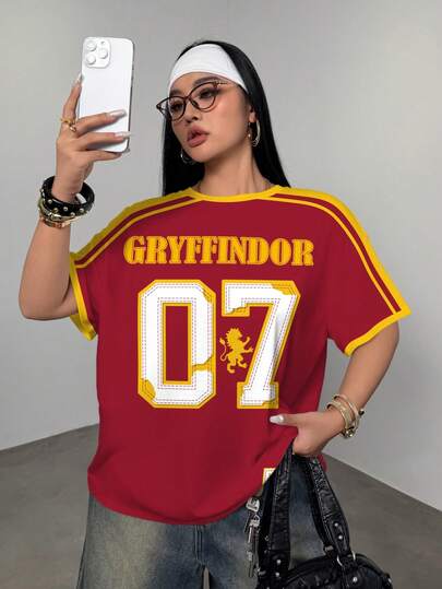 HARRY POTTER X SHEIN Plus Size Women Letter Print Short Sleeve T-Shirt