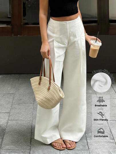 Cévolie Quần ống rộng xếp ly màu trơn dáng casual dành cho nữ, có khóa kéo.