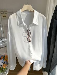 Comfortcana 大码女式休闲透视宽松长袖开襟衬衫，适合夏季、秋季、上学、约会、下午茶、海滩、夏威夷、日常穿着 - 白色 - 查看 3