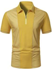 Manfinity Mode Áo polo nam tay ngắn, họa tiết hình học phối ghép, khóa kéo, kiểu dáng thường ngày, thích hợp mặc đi làm. - Màu vàng - Xem 5