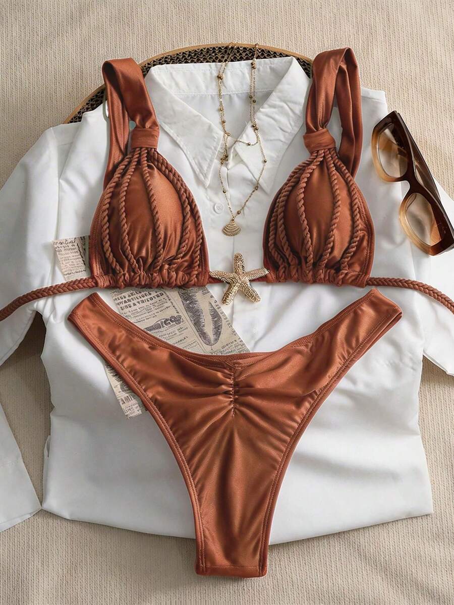 Swim Chiccia 女士两件套性感优雅复古浪漫荷叶边吊带咖啡棕色沙滩套装,比基尼泳装,女士比基尼套装,带衬衫比基尼套装,泳装罩衫,女士沙滩比基尼套装,Zestiva 斑马纹比基尼套装,女士沙滩套装,夏季泳装比基尼套装,带罩衫,女士西式泳衣 - 摩卡棕 - 查看 1