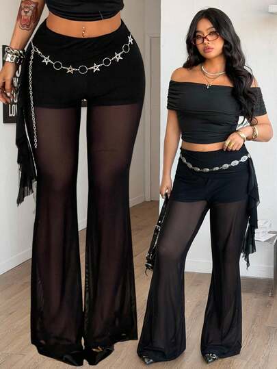 Coolane Women's Plus Size Summer Vintage Sexy Music Festival Vacation  Boho Chic Beach Outfits Side Drawstring Streetwear Slim Fit Flare Leg Black Breathable Mesh Pants Plus Size High-Waist Pants With Slimming Effect