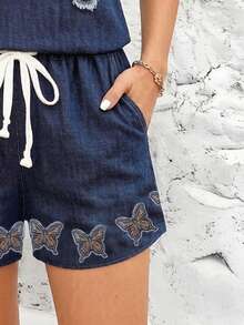 Retro Denim Butterfly Rivet Patch Full Print Round Neck Casual Sleeveless Top & Tank 2 Pieces Set, Suitable For Spring/Summer - Multicolor - View 3