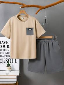 SHEIN 2pcs/Set Tween Boy Color Block Round Neck Short Sleeve T-Shirt And Shorts Set,Beige Summer Casual Vacation Suitable For School Daily Wear Sports - Khaki - View 4