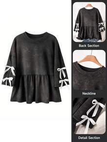 CosyJoli Plus Size Women Casual Bowknot Decor Ruffle Hem Long Sleeve T-Shirt, Versatile For Daily Wear, Summer Tops - Black - View 6
