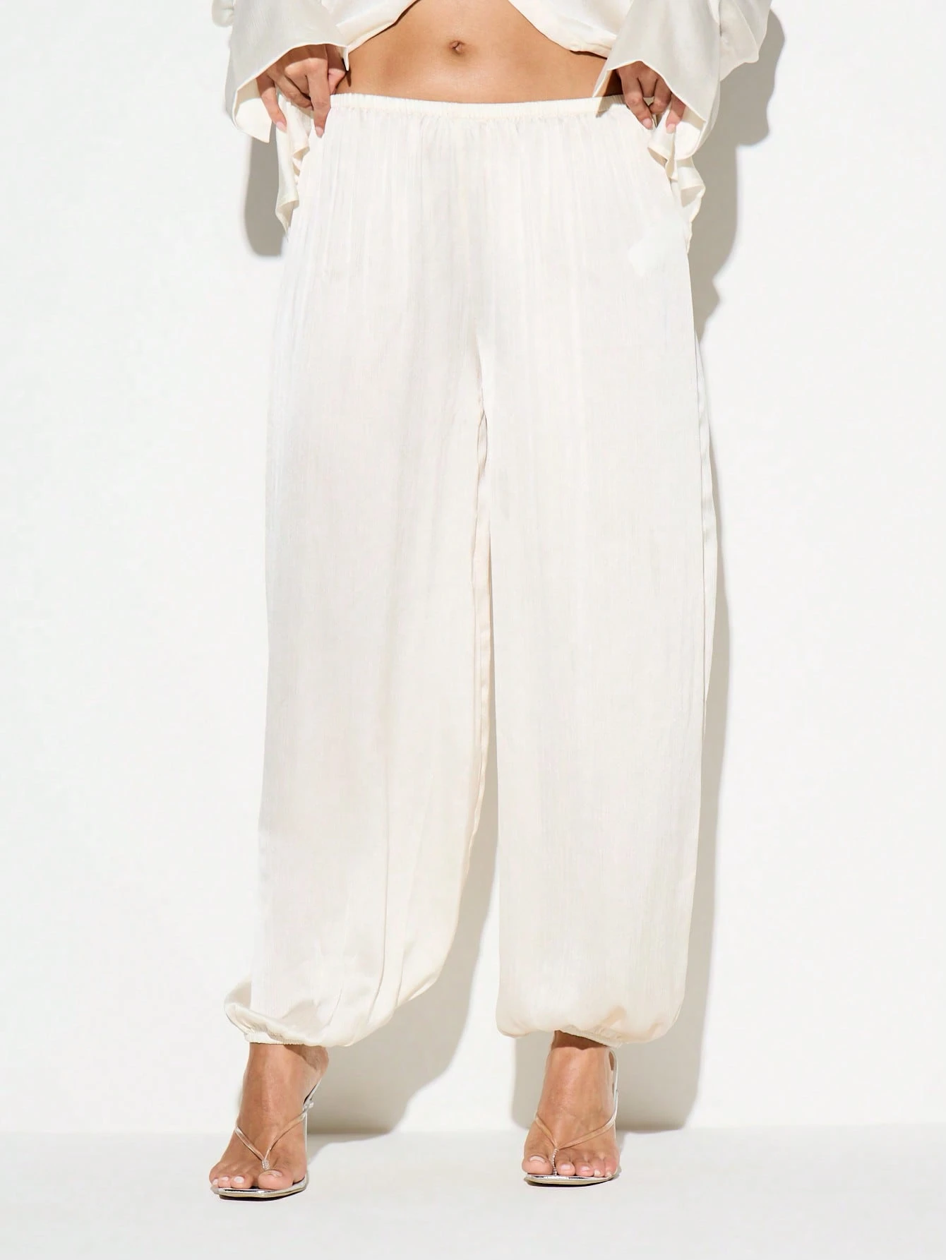 KIZN High Waisted Wide Leg Crinkle Satin Pants
