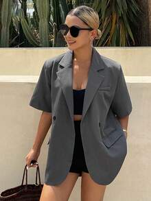 DAZY Women's Casual Business Loose Solid Color Blazer Summer - Grey - View 5