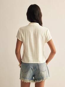 Easelle Áo sơ mi nữ cổ tàu cài nút kiểu retro casual cổ giọt nước - Màu vàng - Xem 2