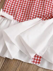 SHEIN 2pcs/Set Tween Girls Sleeveless Shirt With Bow Buttons & Plaid Patchwork + Long Pants, Spring/Summer - Red - View 4