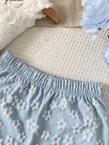 SHEIN Vintaside Kids 女婴可爱提花吊带背心和提花短裤套装，春夏款 - 藍色 - 查看 7