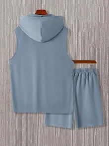 Manfinity Homme Men's Summer Casual Drawstring Hooded Tank Top And Shorts Set - Dusty Blue - View 2
