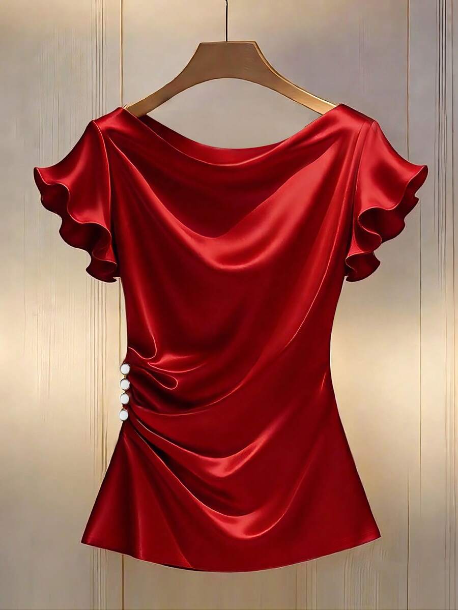 GlowEve CURVE Blusa de satén rojo de diseño único con volantes, para mujer, primavera/verano - Rojo - Ver 1