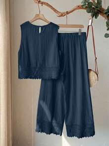 Rusticease Plus Size Women's 2pc Set Navy Blue Summer Boho Vacation Holiday,Lace Patchwork Round Neck Sleeveless Top And Wide Leg Pants,Comfortable - Dusty Blue - View 2