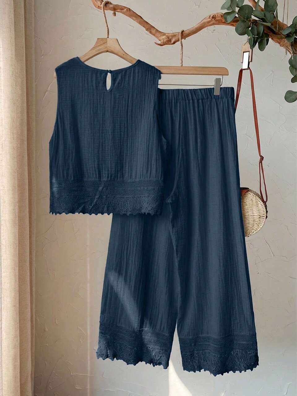 Plus Size Women's 2pcs Set Navy Blue Summer Boho Vacation Holiday, Lace Patchwork Round Neck Sleeveless Top And Wide Leg Pants, Comfortable Summer