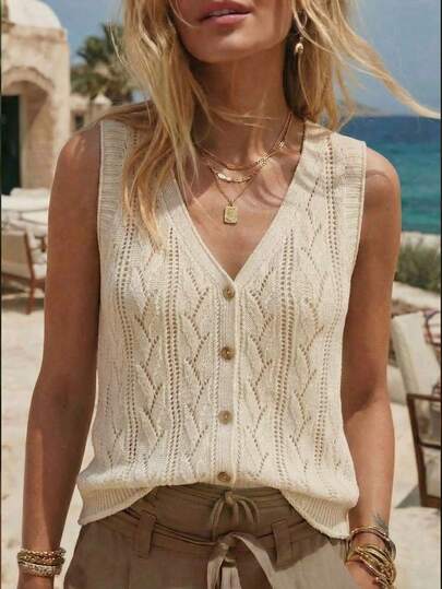 SHEIN Holidaya 新款夏季上衣，女士象牙色镂空针织背心 - V 领无袖，叶子图案针织，纽扣前襟，罗纹下摆，精致女性魅力与复古休闲风格