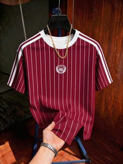 Aesthetic Post Bloke Core Vintage Sporty Style Retro American Style Wine Red Striped Short Sleeve Unisex Couple T-Shirt Summer Thin Striped Sports Jersey Loose Round Neck Casual Top Loose Round Neck Casual Top With NY Badge Short Sleeve Brand Half Sleeve Top Men's Graphic T-Shirt Women's Graphic T-Shirt Men's Fashionable Sports Top Sports Men's T-Shirt Retro Tshirt T Shirt For Men Striped T-Shirt Foot Ball Jersey Baseball Jersey For Men