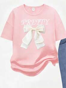 Spring And Summer Young Girl Casual Fashion Creative Personalized Refreshing Minimalist White Bow Denim-Effect Letter Graphic Print Tee And Flare Pants Set, Comfortable Daily Wear - Multicolor - View 4