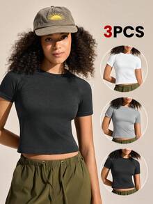 SHEIN Sports 3PCS Women's Outdoor Yoga Sports T-Shirt, Versatile Minimalist Round Neck Short Sleeve,Elastic Tight-Fitting Summer Athletic Hiking White - Multicolor - View 1