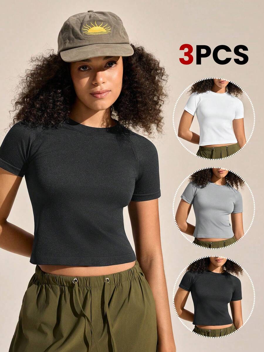 SHEIN Sports 3PCS Women's Outdoor Yoga Sports T-Shirt, Versatile Minimalist Round Neck Short Sleeve,Elastic Tight-Fitting Summer Athletic Hiking White - Multicolor - View 1
