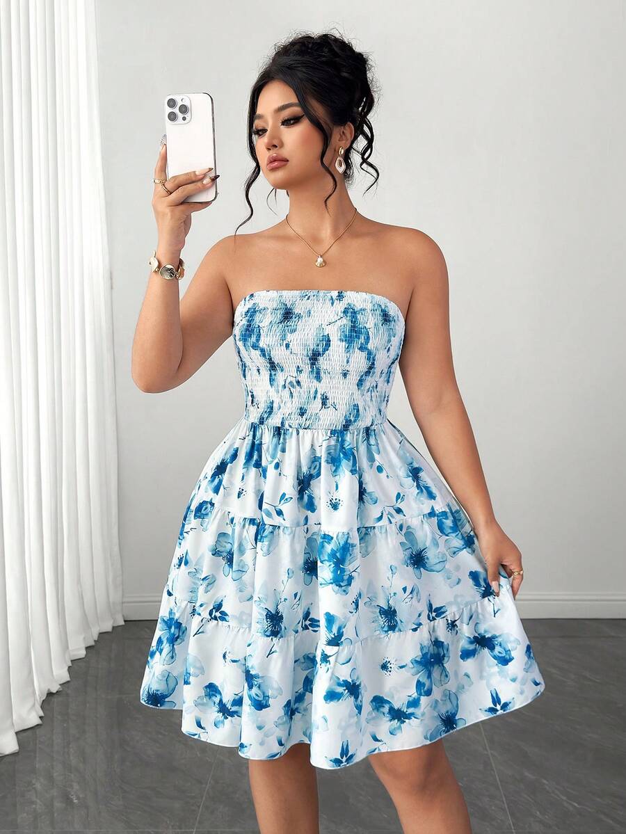 SHEIN PETITE CURVE 大码女士优雅印花无肩带连衣裙 - 彩色 - 查看 1