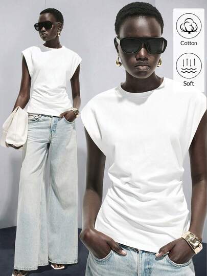 Lumivelle Áo thun nữ cổ tròn xếp ly bằng cotton nguyên chất, kiểu dáng thường ngày/công sở, màu trắng, thích hợp cho mùa xuân/hè.