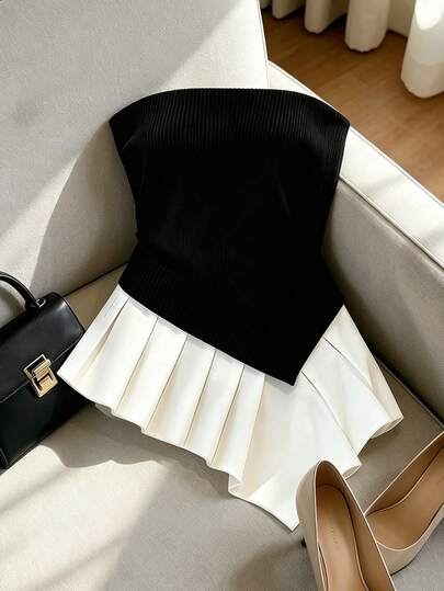 SHEIN Franclia Áo kiểu nữ đen trắng phối màu thời trang, gợi cảm và dịu dàng, vạt áo bất đối xứng, hở lưng, đa năng, thích hợp cho kỳ nghỉ, đi nghỉ mát. Áo không tay, kiểu dáng nữ mùa xuân hè, gợi cảm và tối giản, trang phục mùa hè, áo gợi cảm cho nữ.