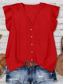 EMERY ROSE Plus Size Casual Red Shirt, Suitable For Summer - Red - View 3
