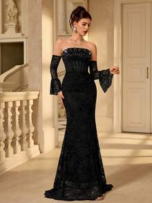 Coutiva 女士蕾丝无肩带连衣裙，袖口饰有珍珠，正式晚礼服 - 黑色 - 查看 5