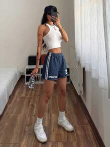 SHEIN Quần short denim nữ in họa tiết, cạp cao, ống rộng, thích hợp cho mùa hè. - Màu xanh lam - Xem 4