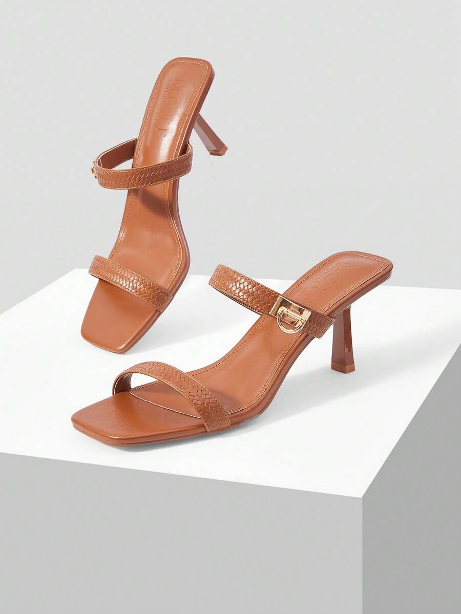 MOTF PREMIUM WOMEN'S SQUARE TOE METAL BUCKLE HIGH HEEL SANDALS SUMMER SHOES - Rust Brown - View 2