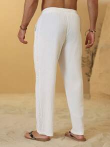 VENTUSAIL Pantalones de hombre de algodón y lino con estampado de patchwork - Blanco - Ver 2