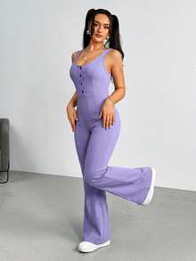 Flexra Women's Button Design Casual V-Neck Flare Leg Denim Jumpsuit - Baby Blue - View 3